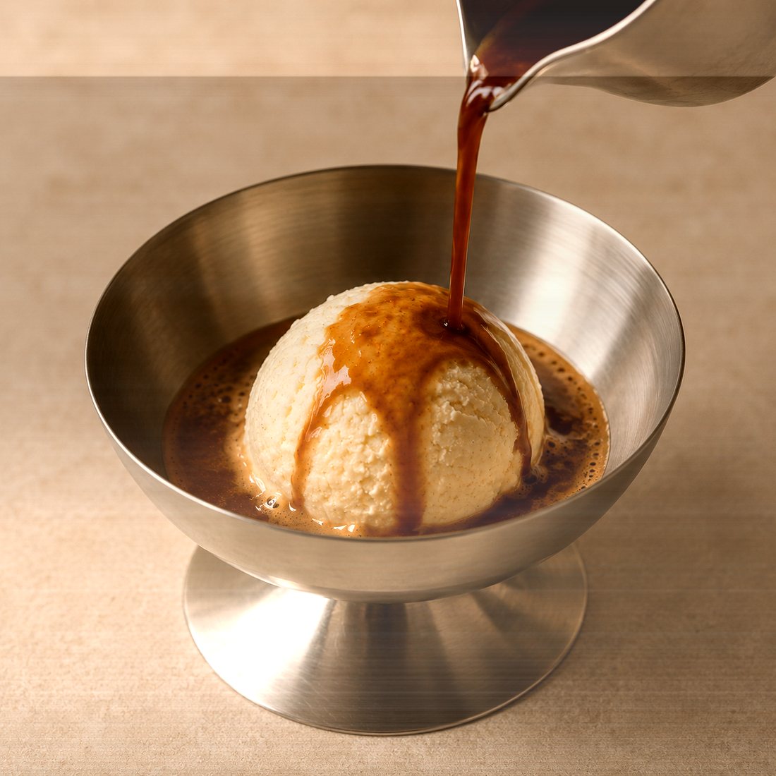 Un espresso versé sur une boule de gelato dans une coupe en inox.